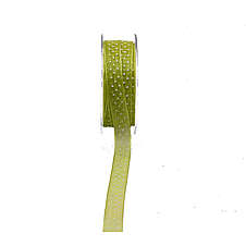 Stuha organzová s potiskem 1,5 cm/20 m, barva zelená, dekor puntíky