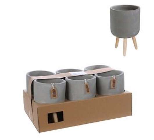 Betonový květináč na dřevěných nožkách, bez vzoru, oblý, ø 12 cm, v. 18 cm