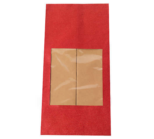 Dárkový papírový sáček s okénkem, na výšku, přírodní kraft, 22,5x45+22,5 cm, 100g, červený